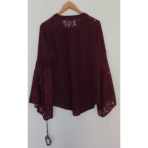 NWT Knox Rose Womens Boho Bell Sleeve Blouse Tunic Top Burgundy Red Lace Size S - Picture 3 of 10